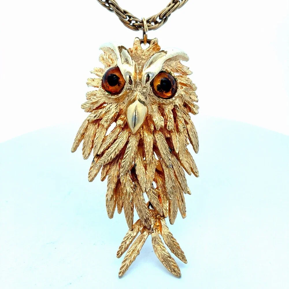 1970's Silver & Gold Tone Rhinestone Wisdom Intuition Luck Lot Two Owl Necklaces